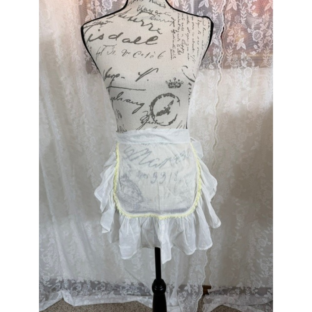 Vintage 50s Sheer White Ruffle Half Apron Yellow Rickrack Trim Retro Cottagecore